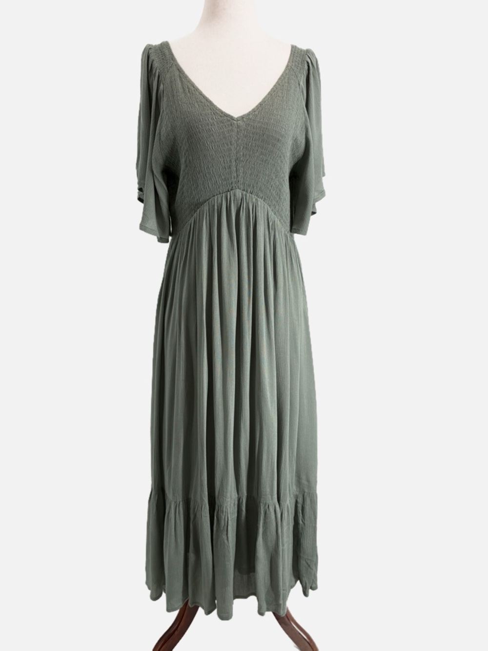 Baltic Born Smocked Bodice V Neck Tiered Peasant Midi Dress in Sage - Size Large